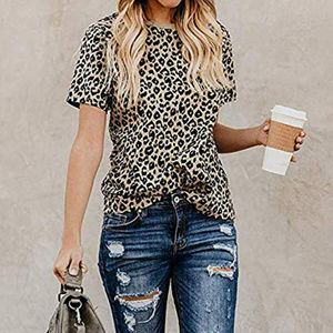Tops Casua Basic Short Sleeve Leopard Print Blouse